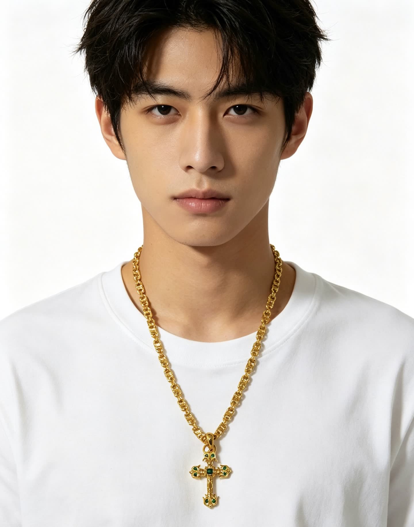Chrome Hearts Gold-Plated Cross Pendant Necklace with Emerald Accents